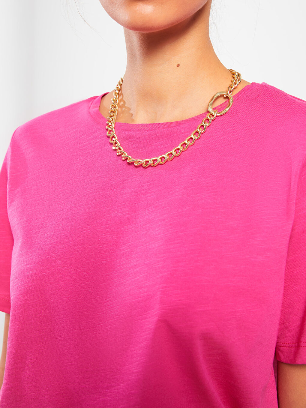 Fuşya Bisiklet Yaka Düz Kısa Kollu Pamuklu Kadın Tişört-4