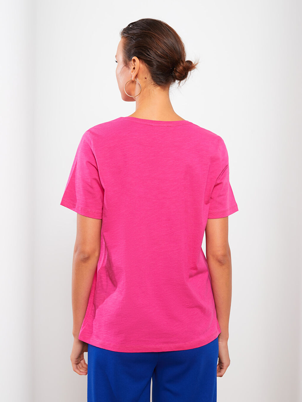 Fuşya Bisiklet Yaka Düz Kısa Kollu Pamuklu Kadın Tişört-5
