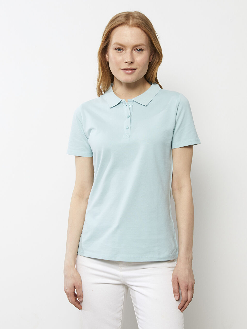 Polo Neck Straight Short Sleeve Cotton Women's T-Shirt-1