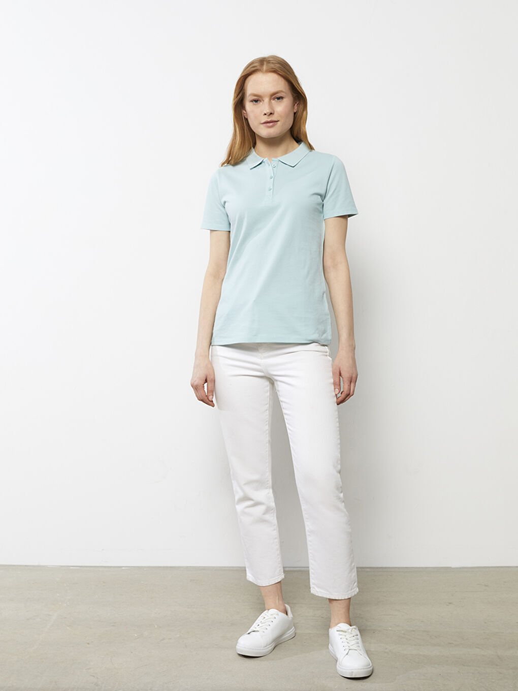 Polo Neck Straight Short Sleeve Cotton Women's T-Shirt-3