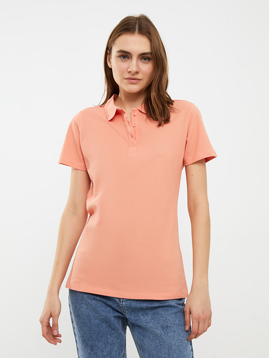 Polo Neck Straight Short Sleeve Cotton Women's T-shirt-1