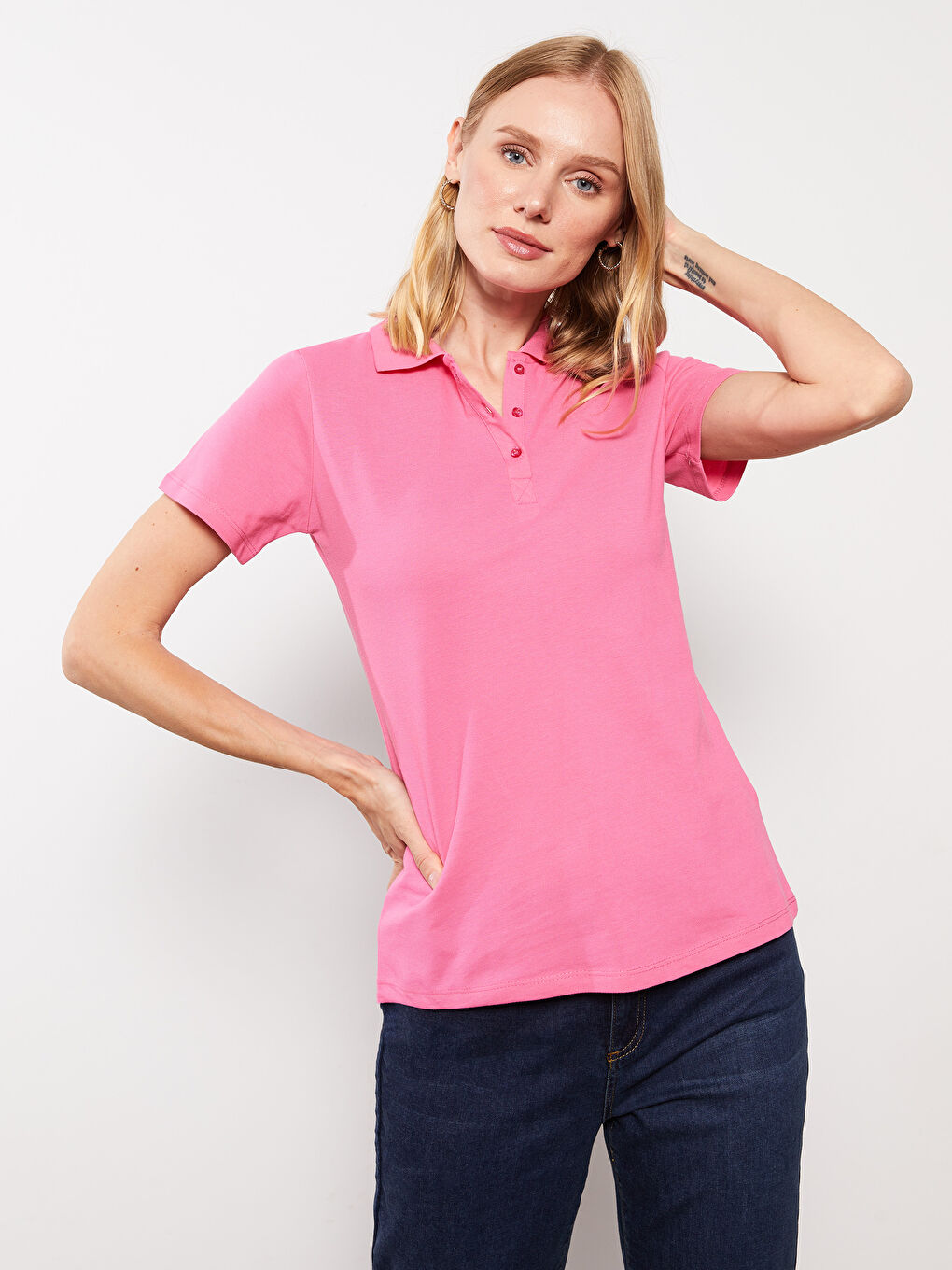 Pembe Polo Yaka Düz Kısa Kollu Pamuklu Kadın Tişört-1
