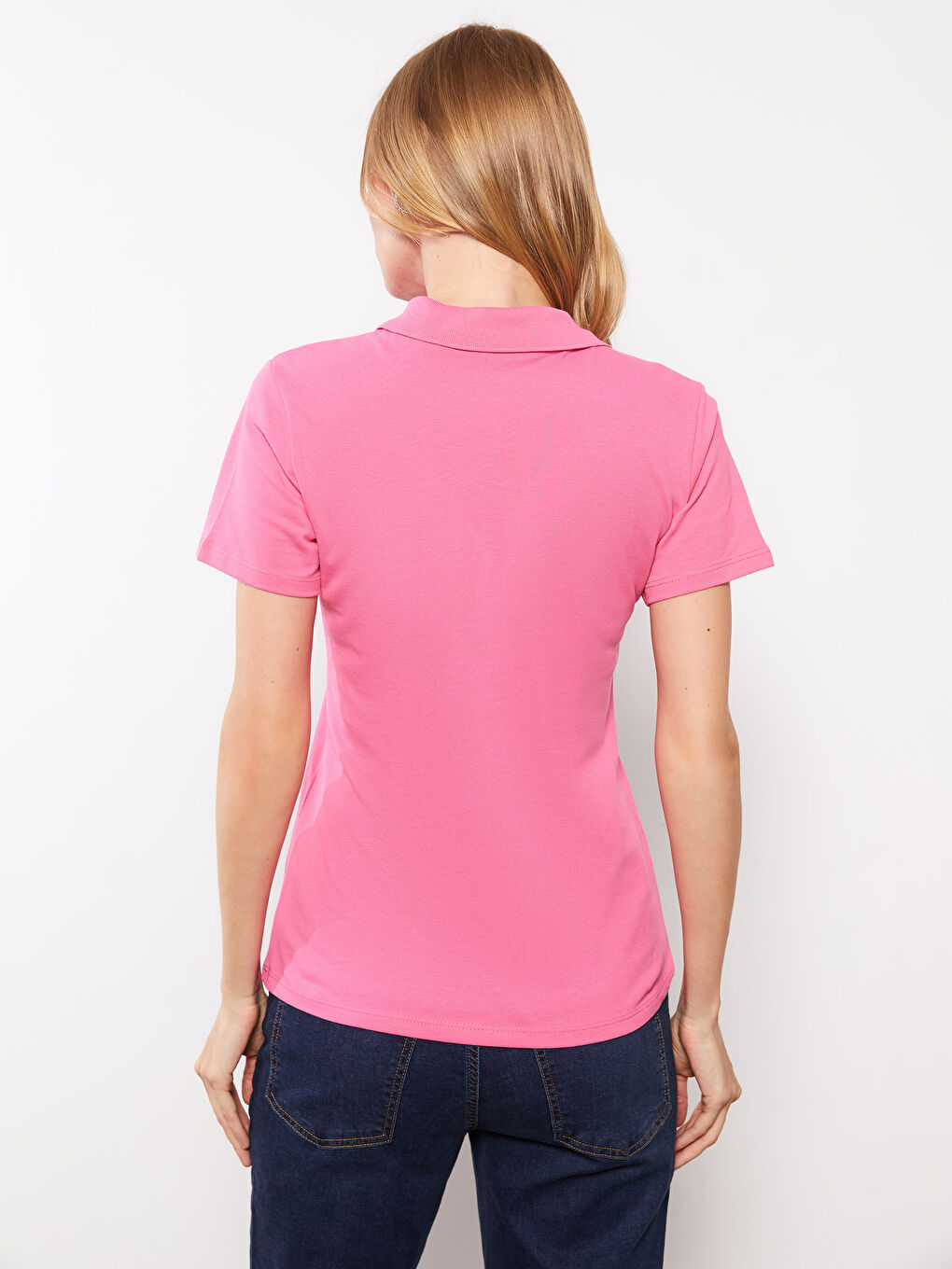Pembe Polo Yaka Düz Kısa Kollu Pamuklu Kadın Tişört-4