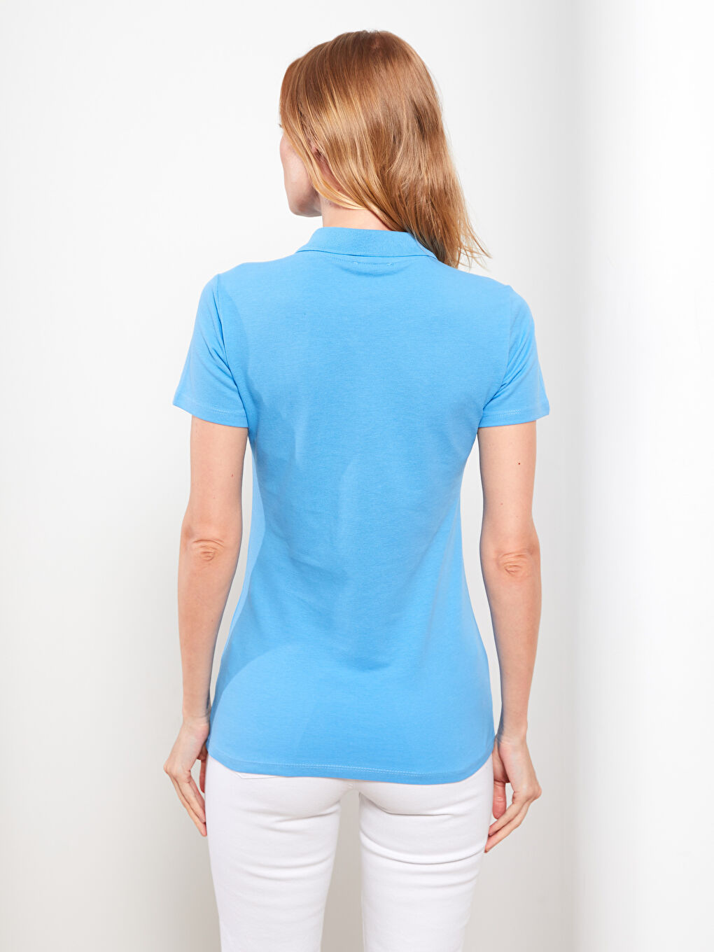 Mavi Polo Yaka Düz Kısa Kollu Pamuklu Kadın Tişört-4