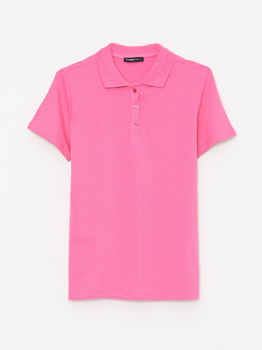 Pembe Polo Yaka Düz Kısa Kollu Pamuklu Kadın Tişört-5