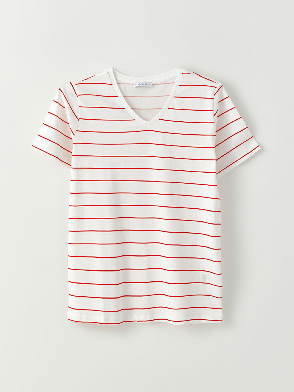 Turuncu V Yaka Çizgili Kısa Kollu Pamuklu Kadın Tişört-4