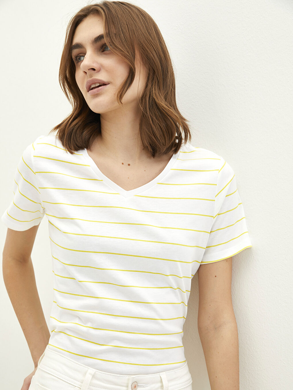 V Neck Striped Short Sleeve Cotton Women's T-Shirt