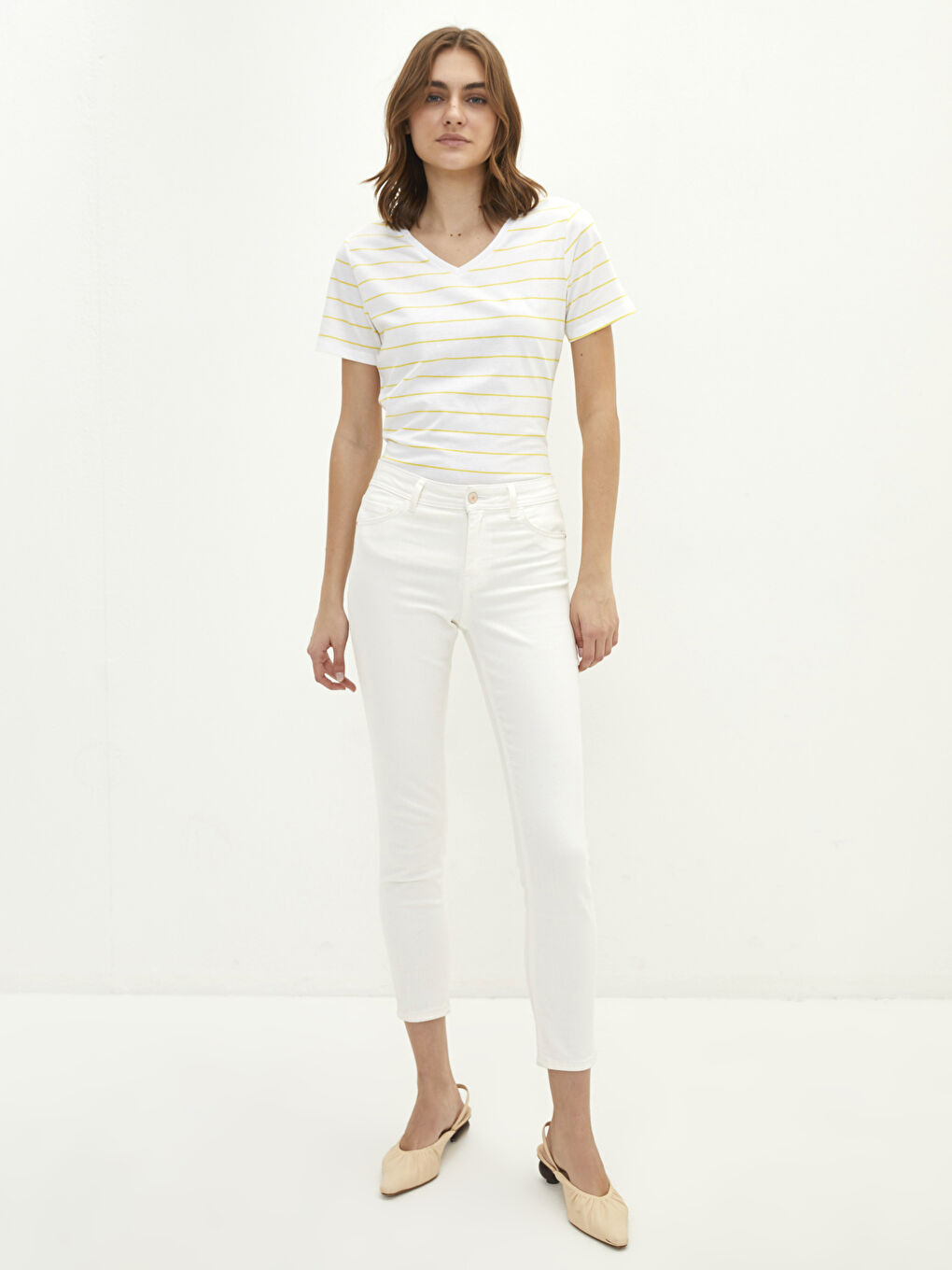 V Neck Striped Short Sleeve Cotton Women's T-Shirt-2