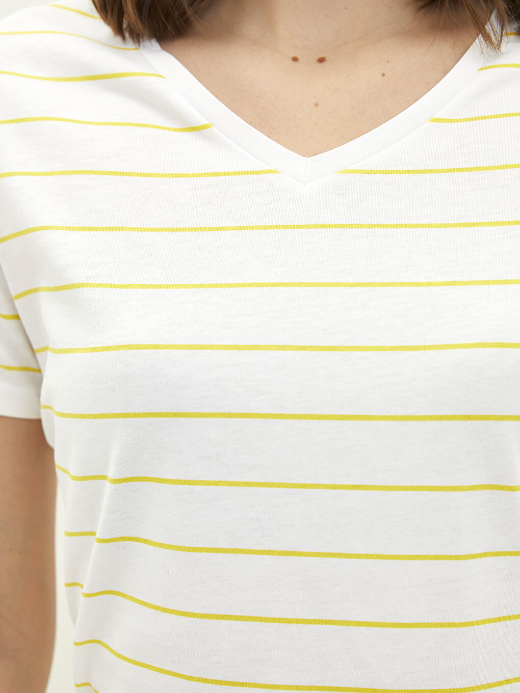 V Neck Striped Short Sleeve Cotton Women's T-Shirt-3