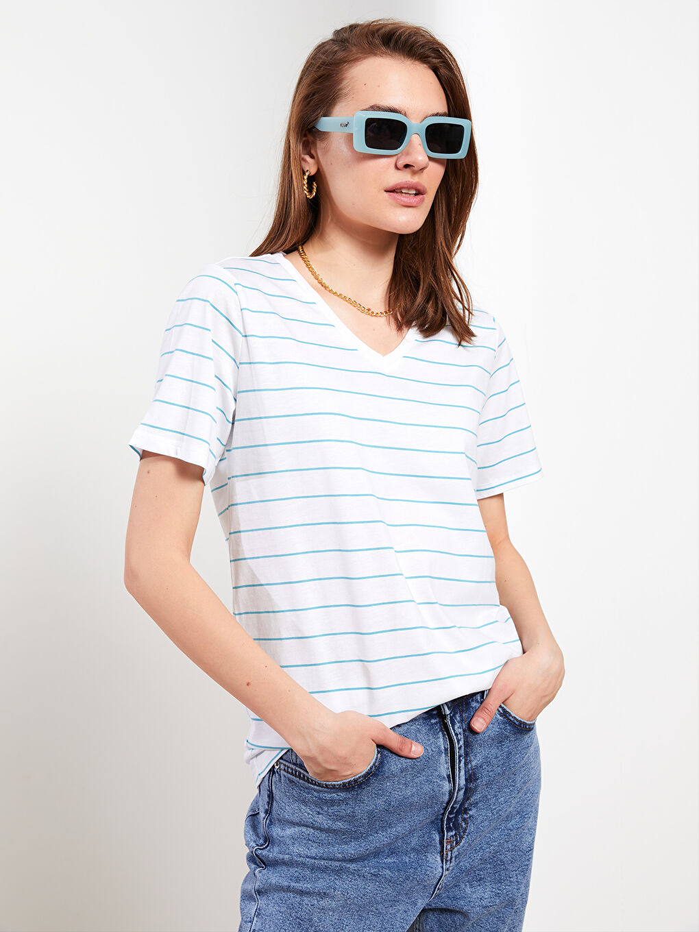 V Neck Striped Short Sleeve Cotton Women's T-Shirt