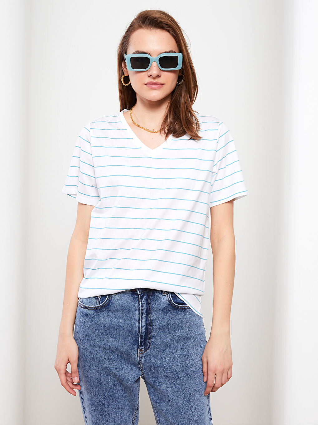 V Neck Striped Short Sleeve Cotton Women's T-Shirt-1