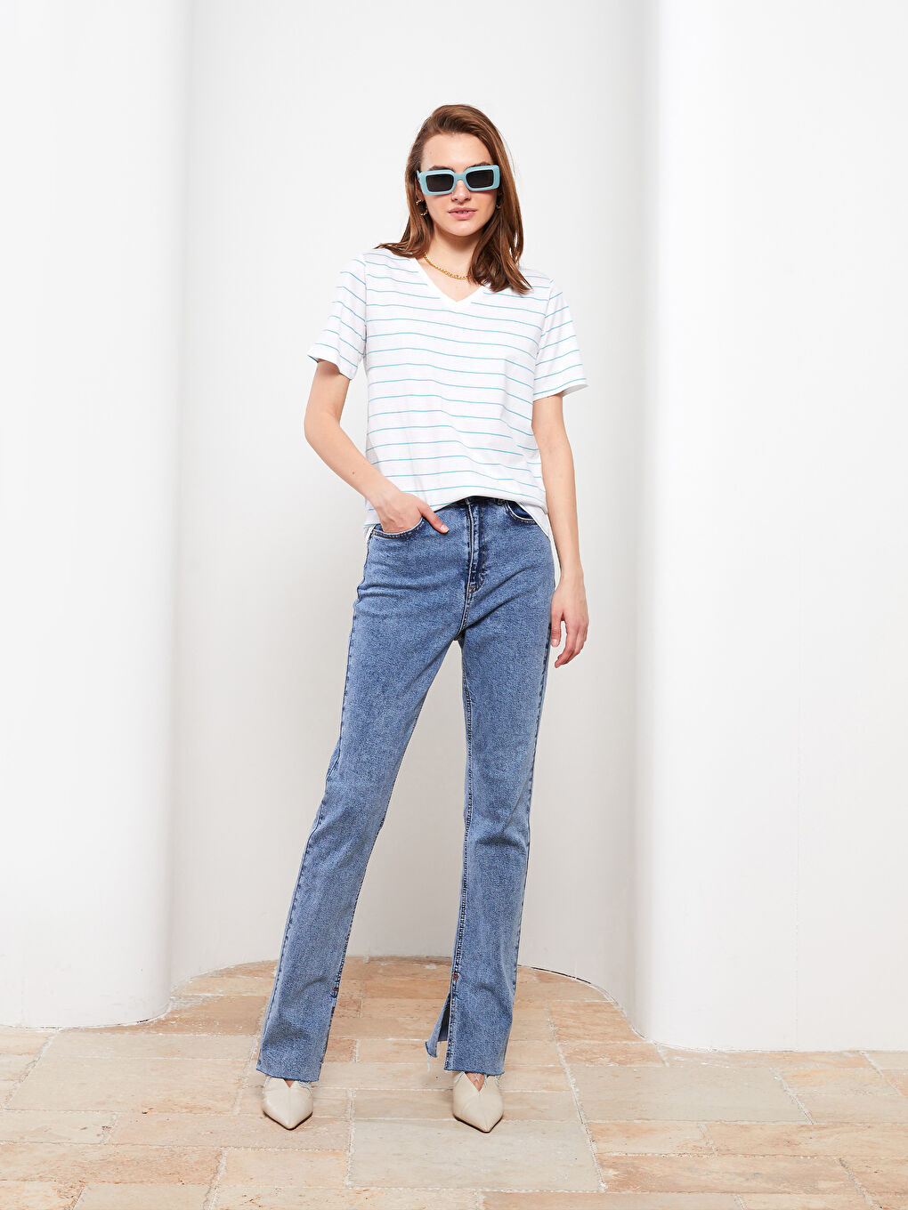 V Neck Striped Short Sleeve Cotton Women's T-Shirt-2