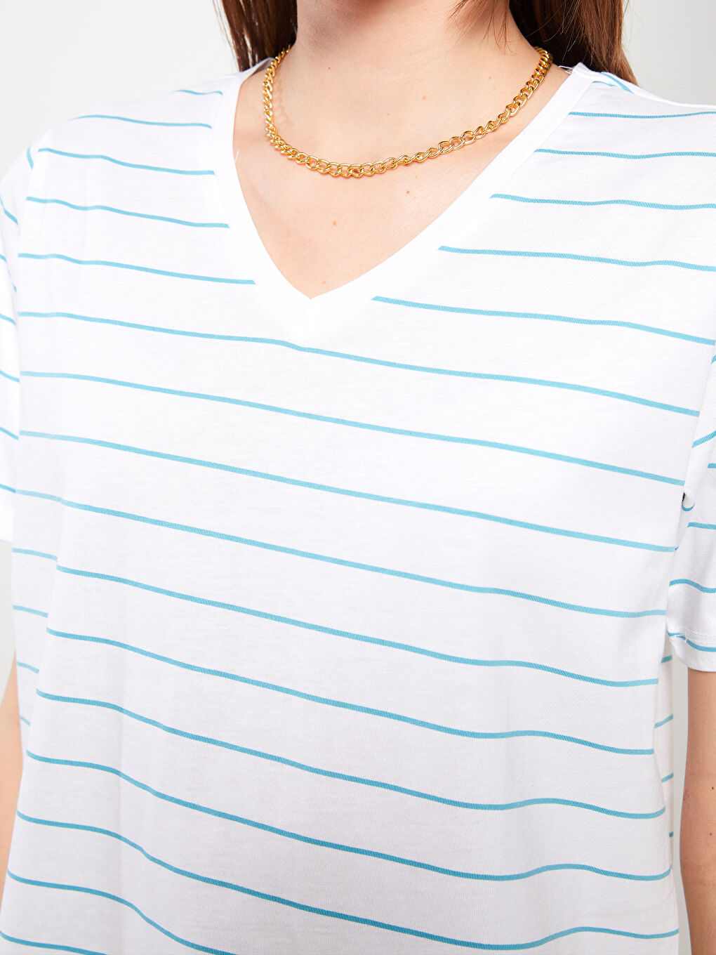V Neck Striped Short Sleeve Cotton Women's T-Shirt-4