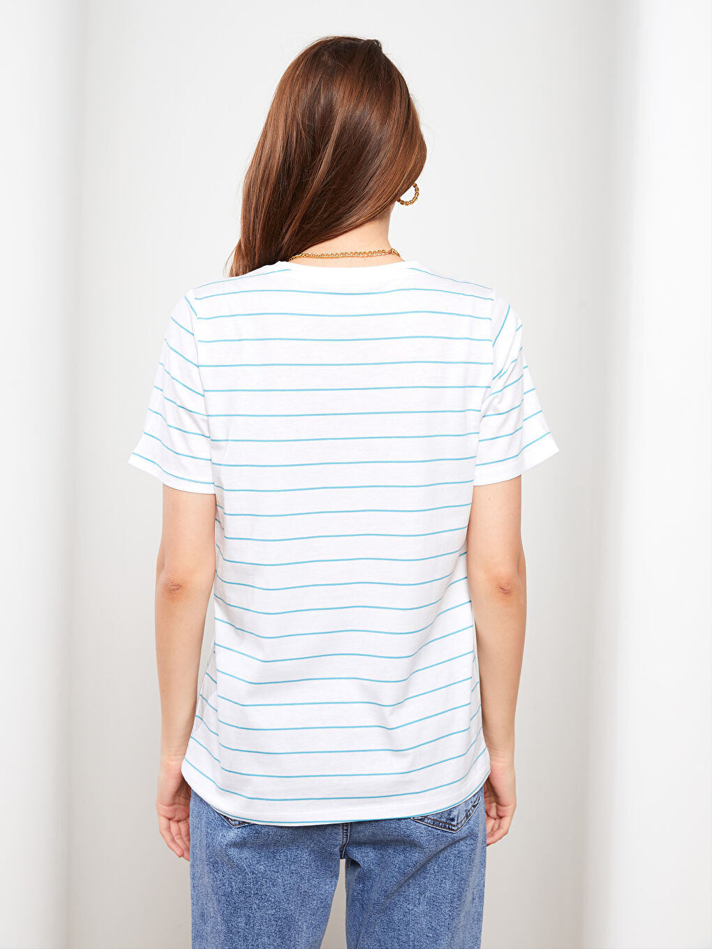 V Neck Striped Short Sleeve Cotton Women's T-Shirt-5