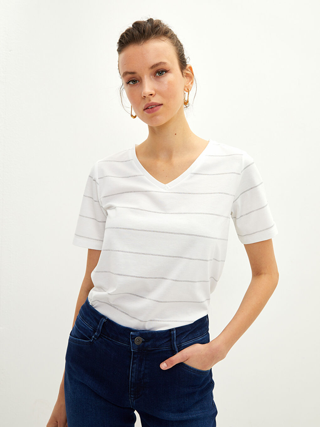 V-Neck Striped Short Sleeve Women's T-Shirt-2