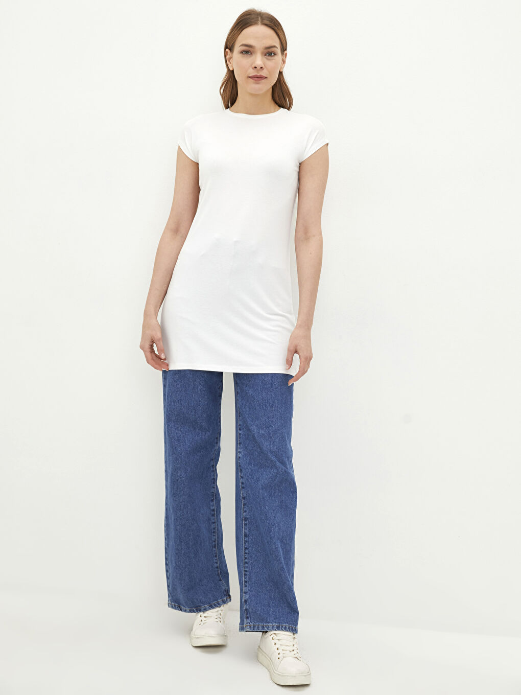 Ekru Bisiklet Yaka Düz Kısa Kollu Kadın Tunik-2