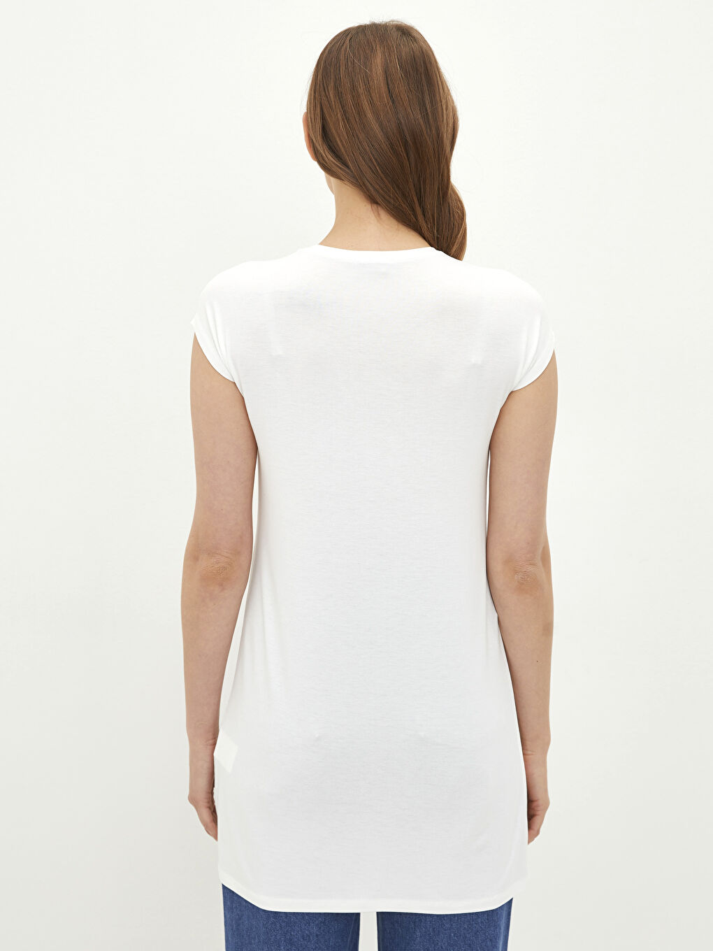 Ekru Bisiklet Yaka Düz Kısa Kollu Kadın Tunik-4