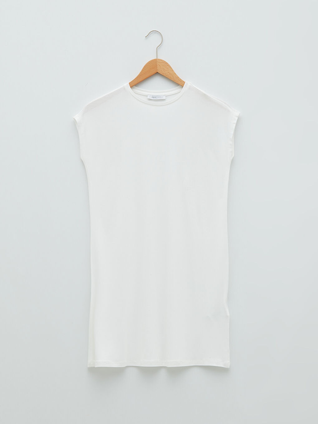 Ekru Bisiklet Yaka Düz Kısa Kollu Kadın Tunik-5