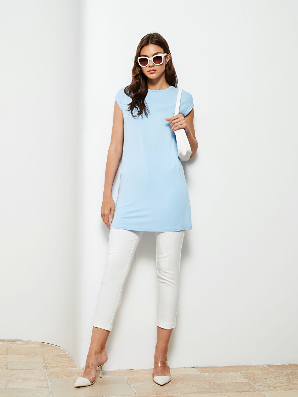 Mavi Bisiklet Yaka Düz Kısa Kollu Kadın Tunik