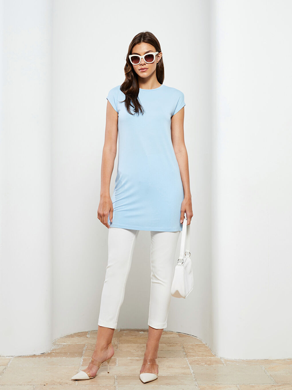 Mavi Bisiklet Yaka Düz Kısa Kollu Kadın Tunik-2