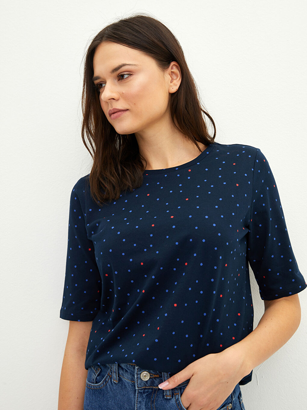 LCWAIKIKI Basic Crew Neck Polka Dot Short Sleeve Cotton Women's T-Shirt -S29642Z8-LSH