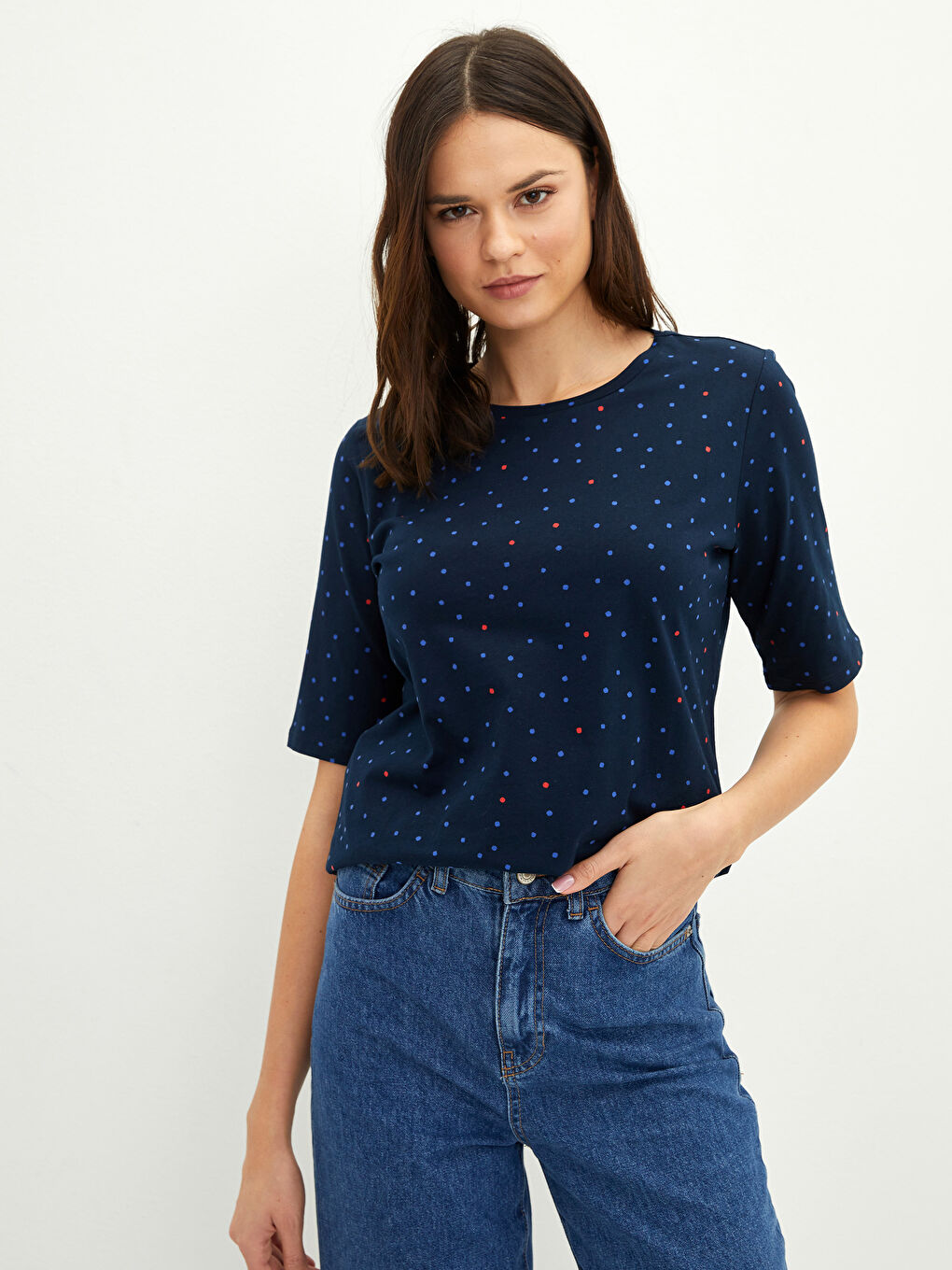 LCWAIKIKI Basic Crew Neck Polka Dot Short Sleeve Cotton Women's T-Shirt -S29642Z8-LSH