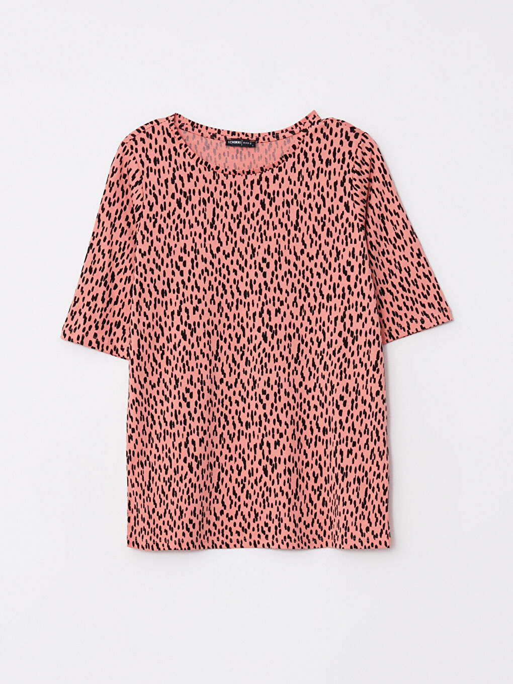 Pembe Bisiklet Yaka Desenli Kısa Kollu Pamuklu Kadın Tişört-6