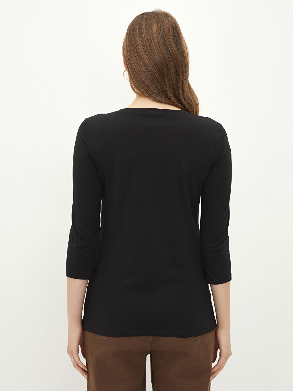 Siyah Bisiklet Yaka Düz Pamuklu Kadın Tişört-4