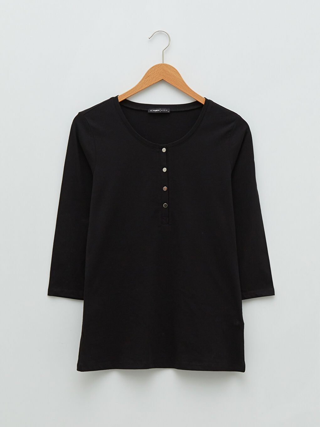 Siyah Bisiklet Yaka Düz Pamuklu Kadın Tişört-5