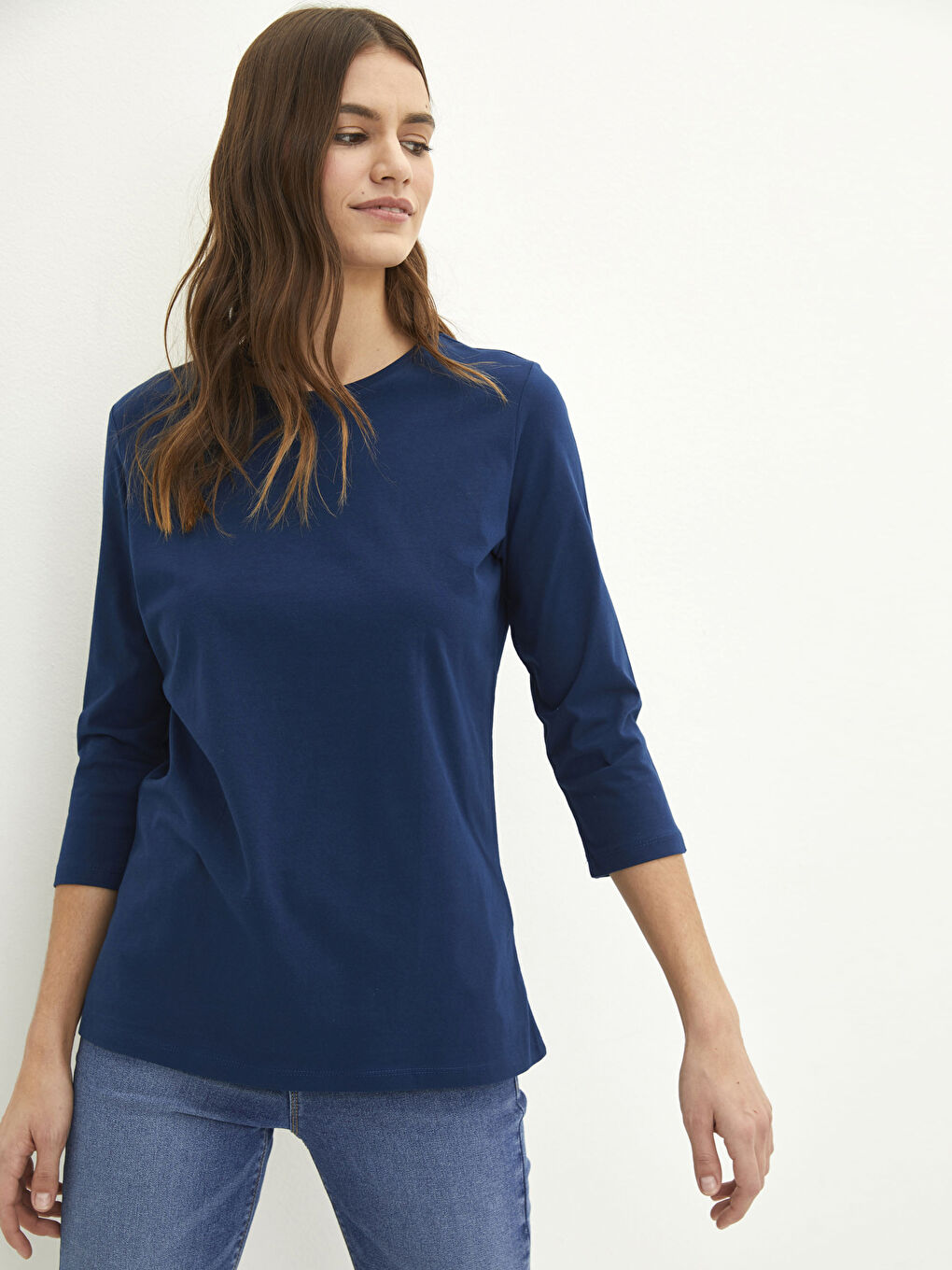 Lacivert Bisiklet Yaka Düz Pamuklu Kadın Tişört