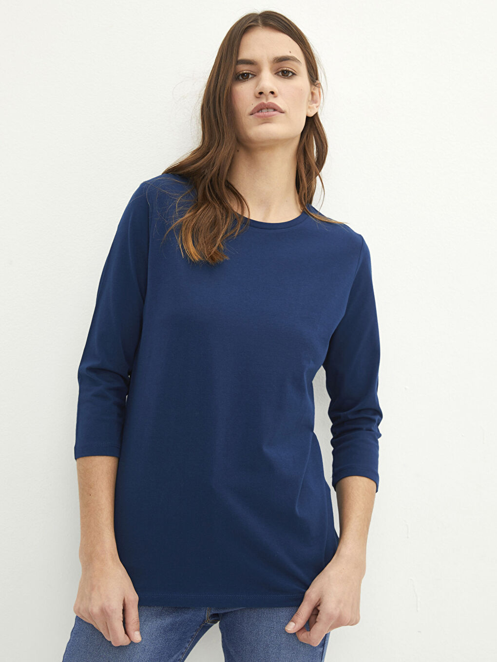 Lacivert Bisiklet Yaka Düz Pamuklu Kadın Tişört-1