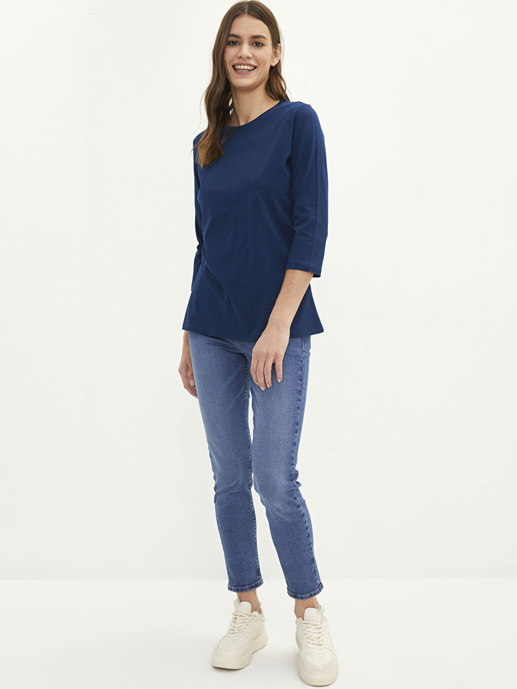 Lacivert Bisiklet Yaka Düz Pamuklu Kadın Tişört-2