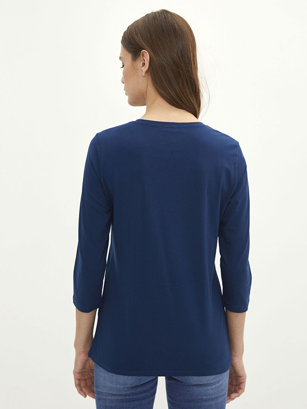 Lacivert Bisiklet Yaka Düz Pamuklu Kadın Tişört-4