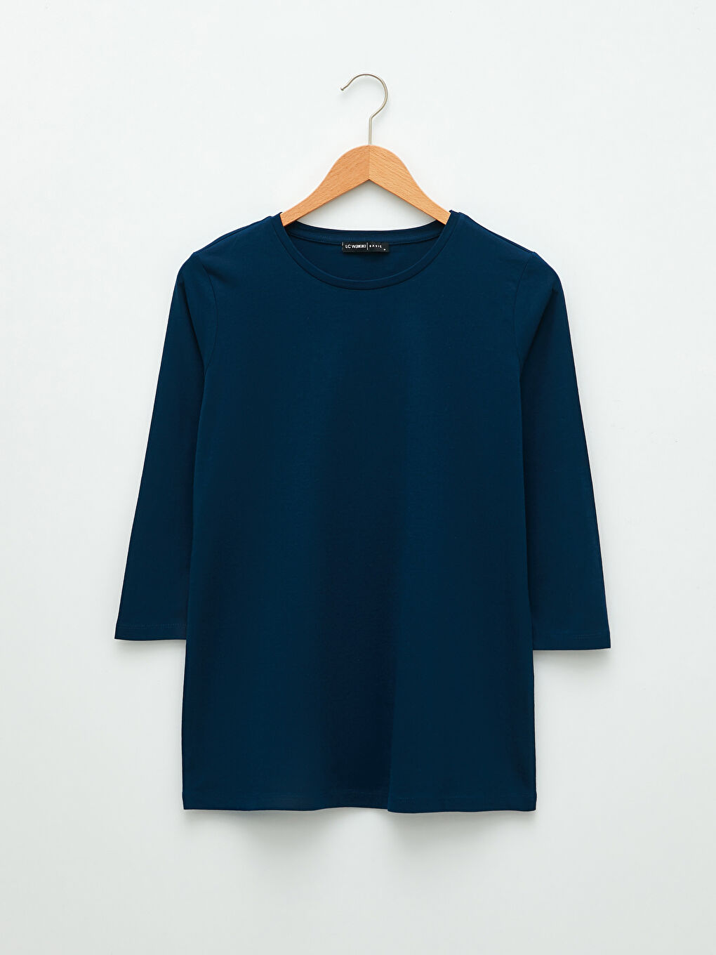 Lacivert Bisiklet Yaka Düz Pamuklu Kadın Tişört-5