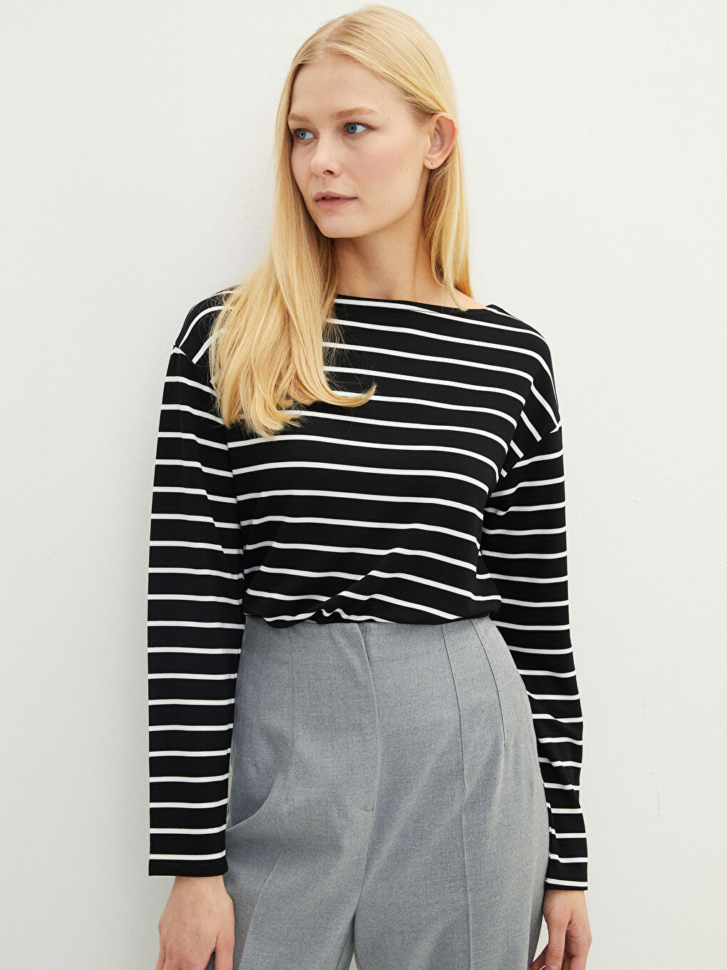 Crew Neck Striped Long Sleeve Women's T-Shirt-1