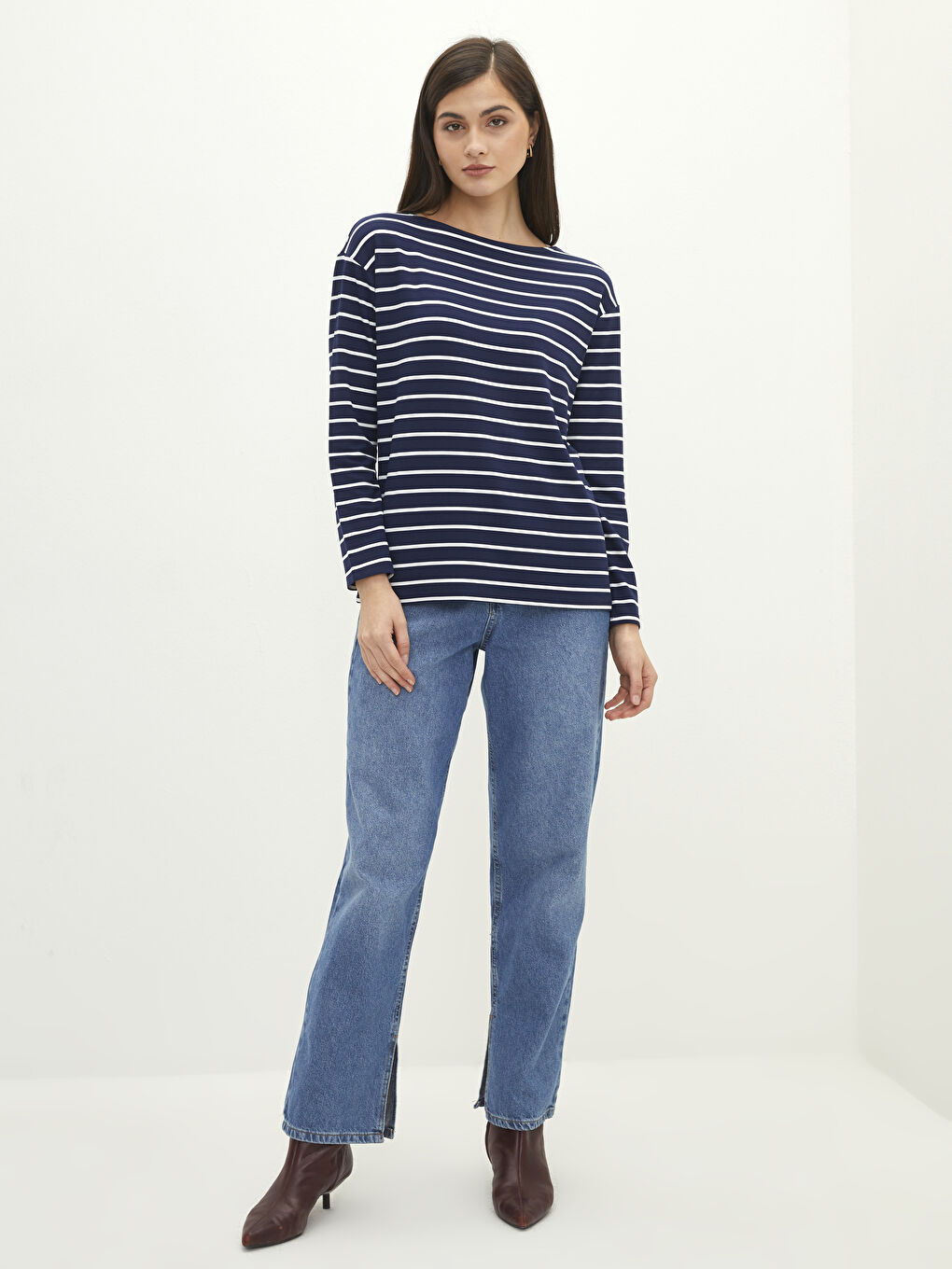 Crew Neck Striped Long Sleeve Women's T-Shirt-2