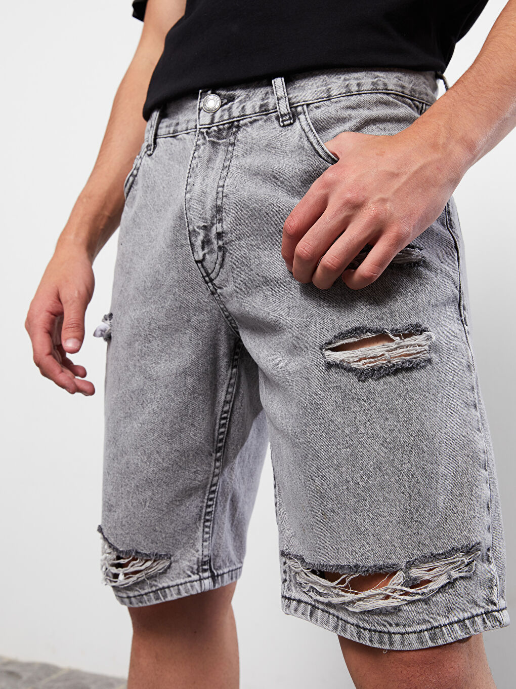 Gri Standart Kalıp Erkek Jean Şort-2