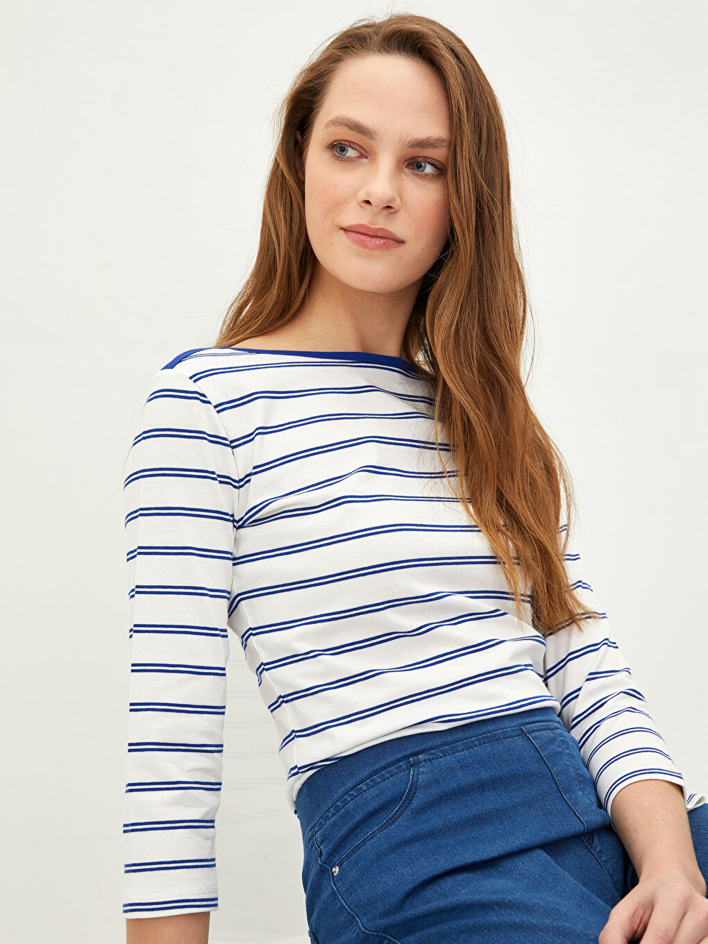 Mavi Bisiklet Yaka Çizgili Kadın Body-1