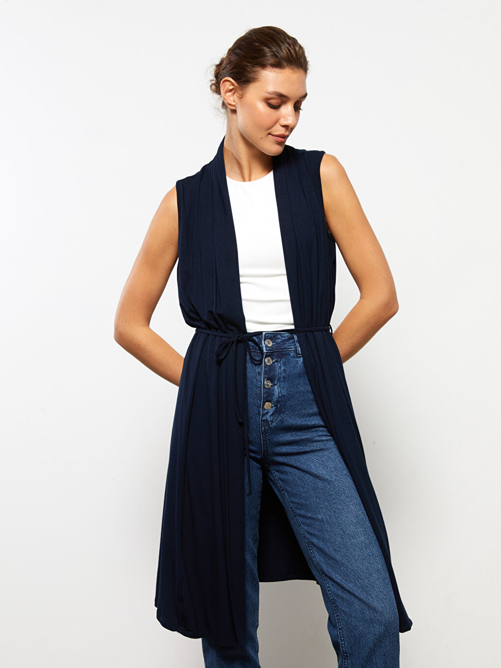 Gilet Uni à Col Châle pour Femmes-1