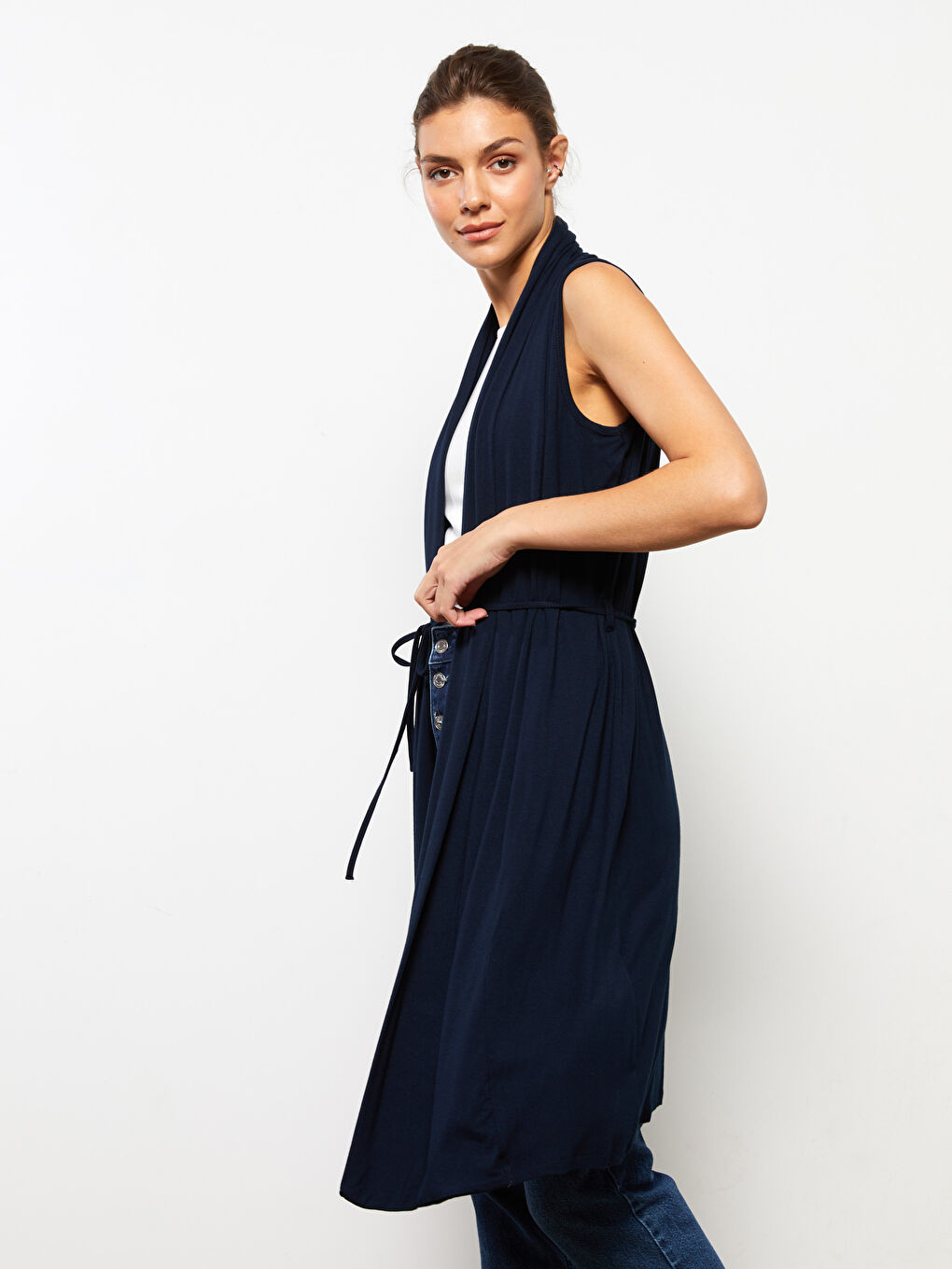 Gilet Uni à Col Châle pour Femmes-2