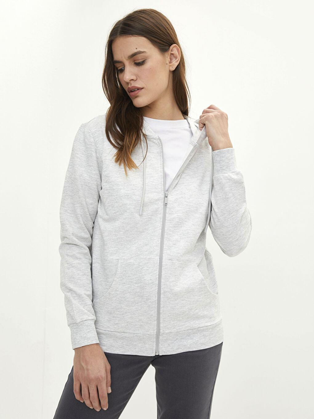 Ekru Kapüşonlu Düz Uzun Kollu Kadın Spor Hırka-1