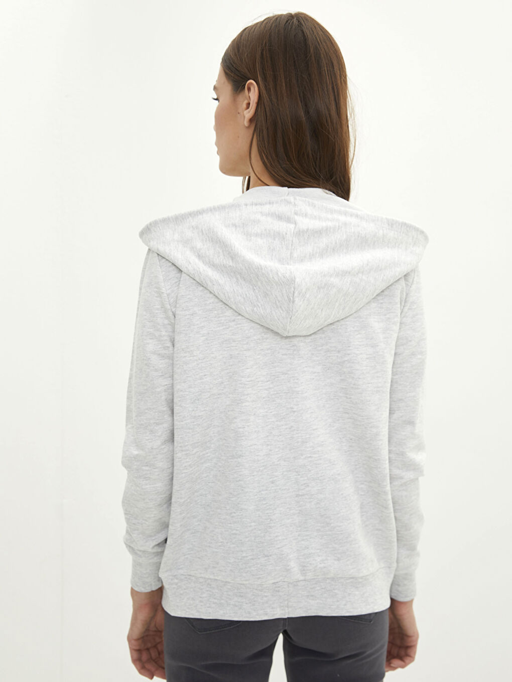 Ekru Kapüşonlu Düz Uzun Kollu Kadın Spor Hırka-4