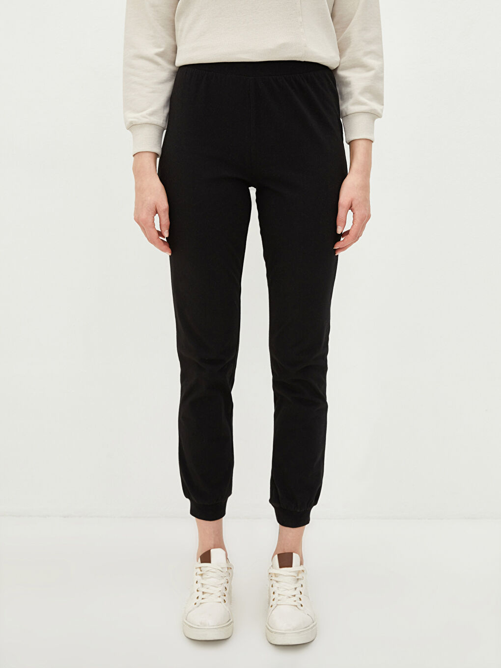 Siyah Kadın Beli Lastikli Düz Jogger Eşofman Altı-4
