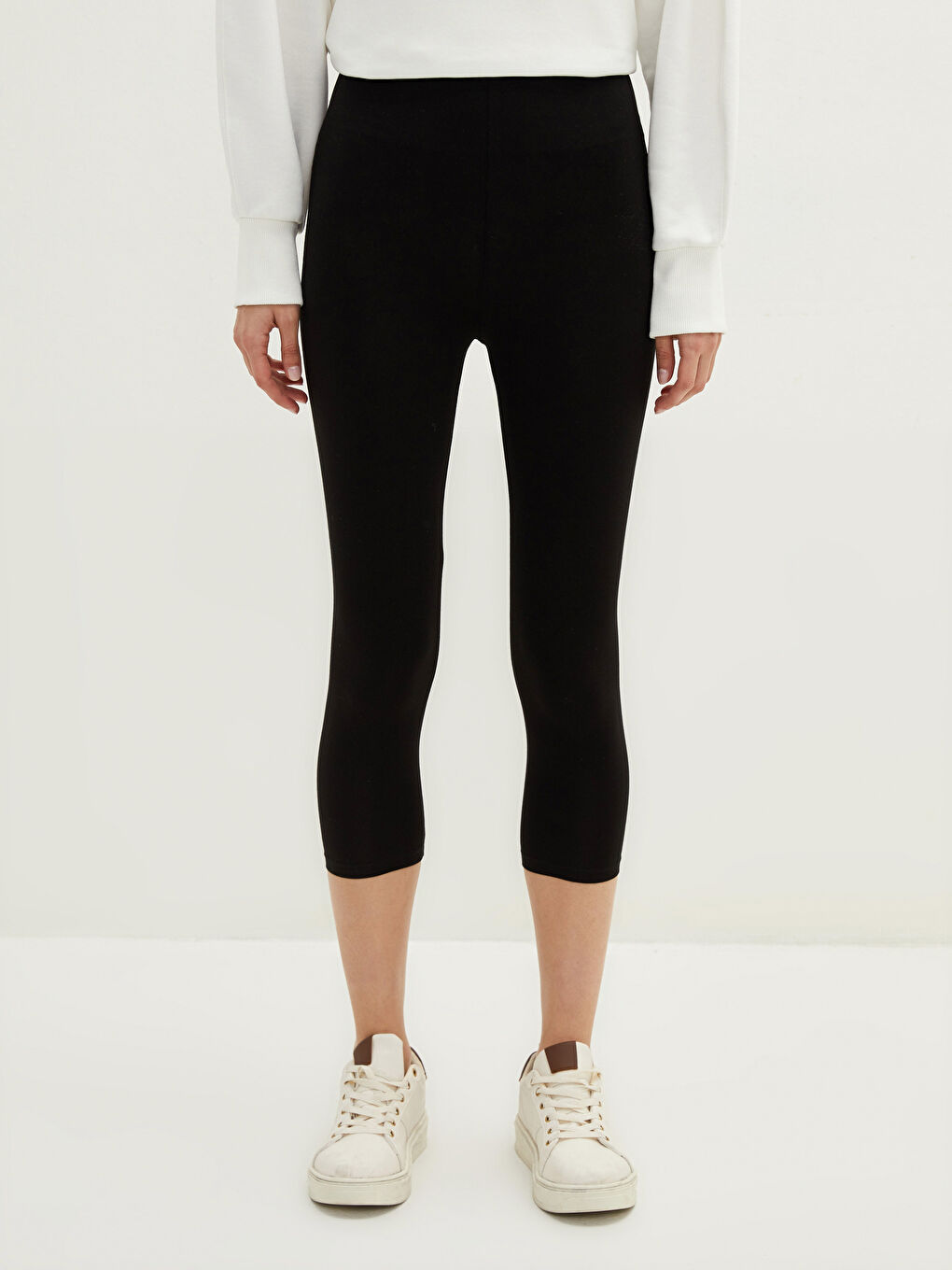 Siyah Kadın Beli Lastikli Düz Tayt-5