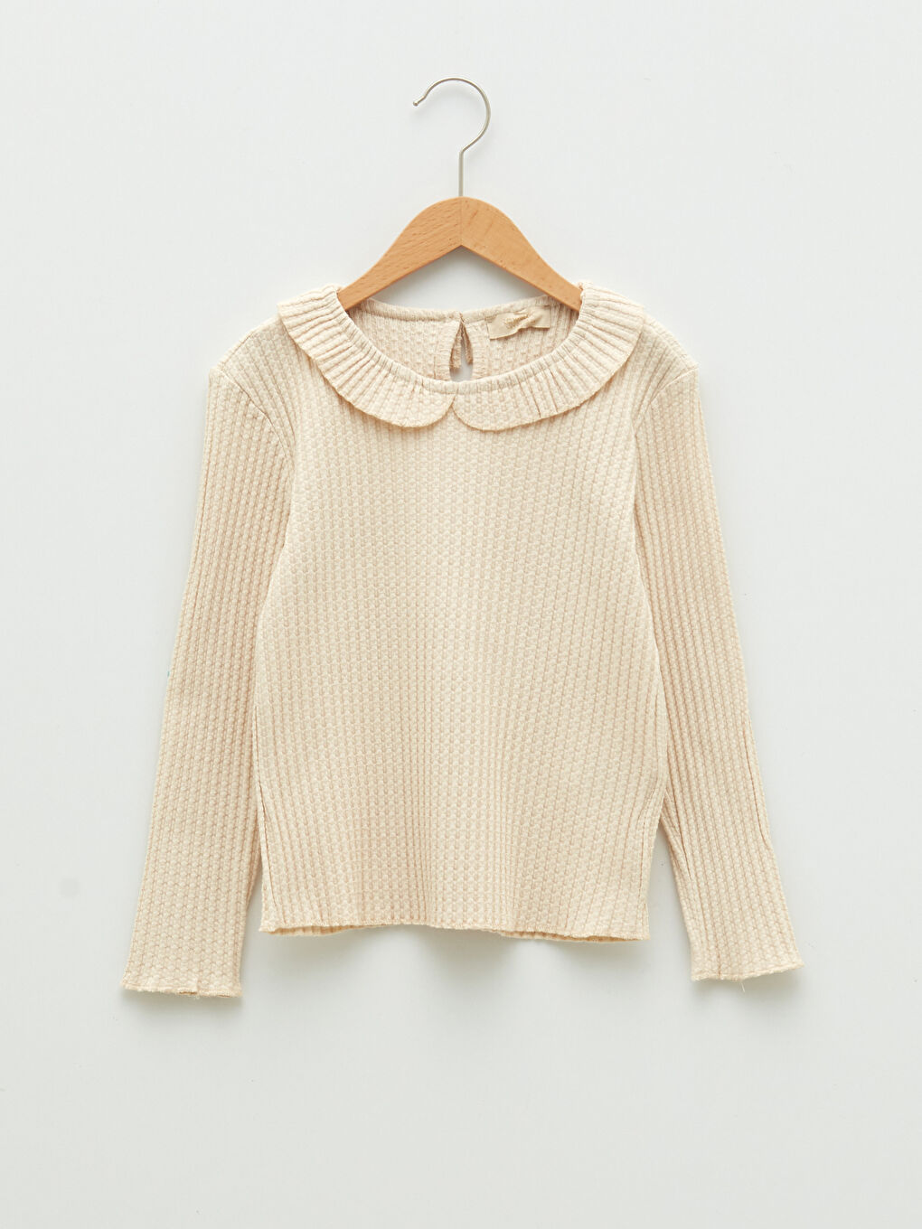 Bej Bebe Yaka Kendinden Desenli Uzun Kollu Pamuklu Kız Çocuk Tişört