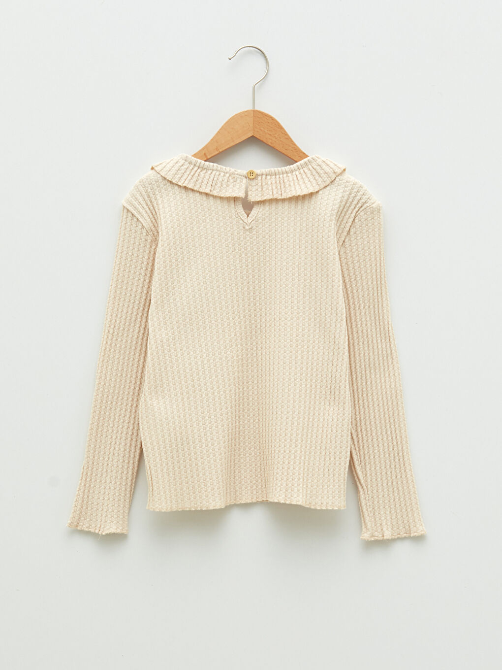 Bej Bebe Yaka Kendinden Desenli Uzun Kollu Pamuklu Kız Çocuk Tişört-1