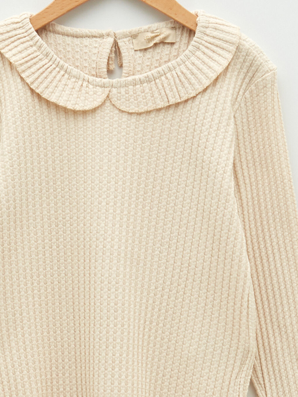 Bej Bebe Yaka Kendinden Desenli Uzun Kollu Pamuklu Kız Çocuk Tişört-2