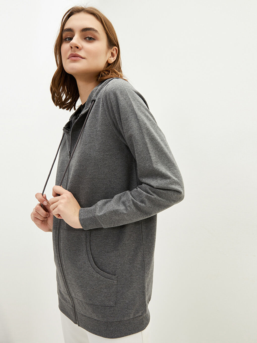 Antrasit Kapüşonlu Düz Uzun Kollu Kadın Hırka