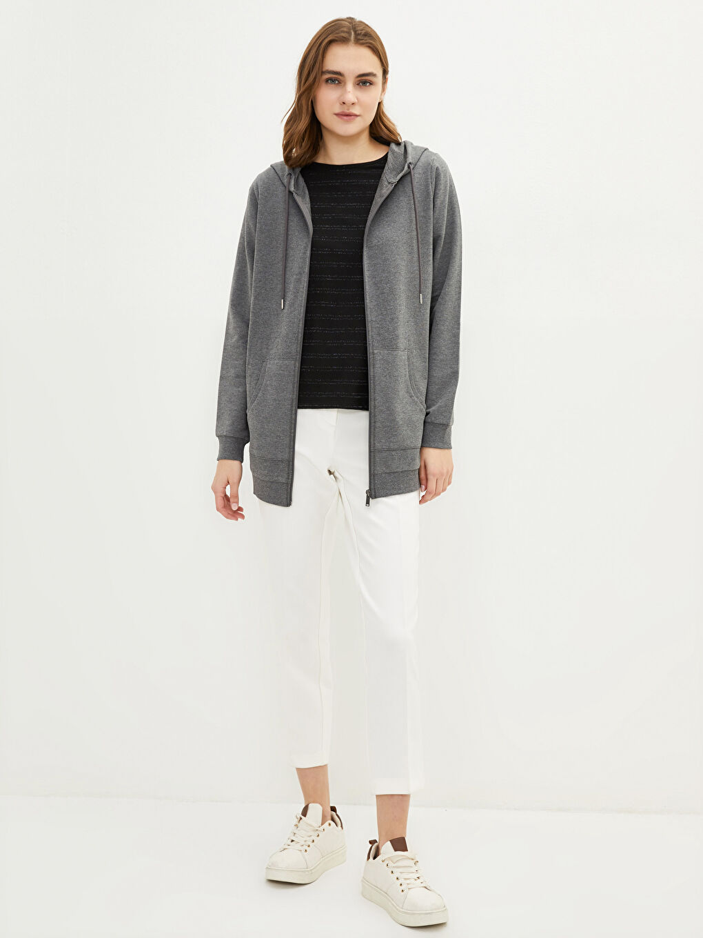 Antrasit Kapüşonlu Düz Uzun Kollu Kadın Hırka-1