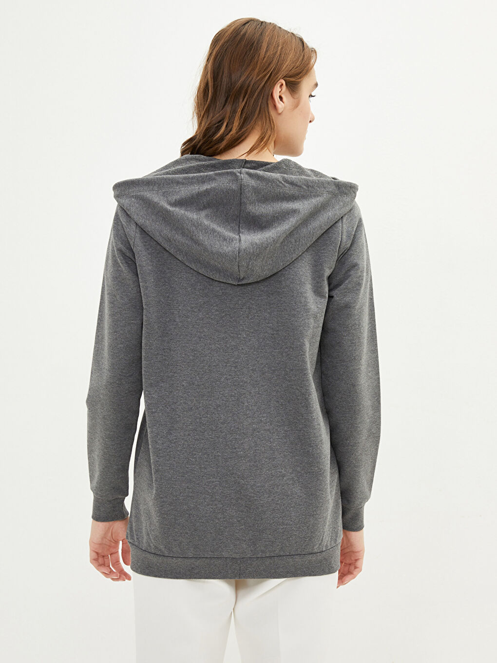 Antrasit Kapüşonlu Düz Uzun Kollu Kadın Hırka-3